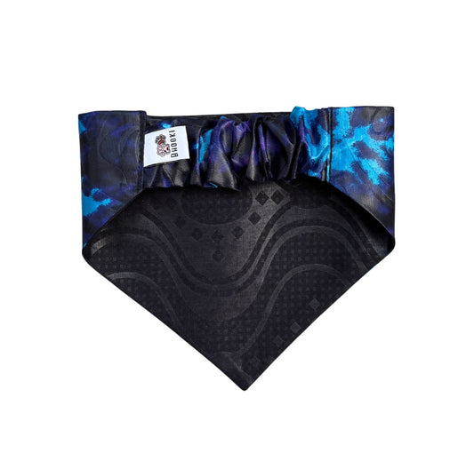 scrunchie Dog bandana with blue and black pattern on a white background