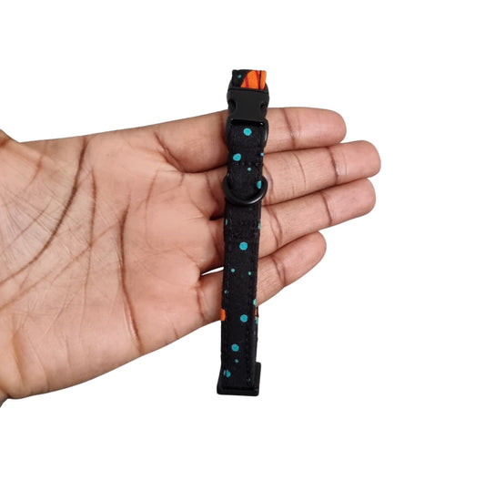 JUMMY black and teal polka dot African print breakaway cat collar by Bhooki, handmade in the UK