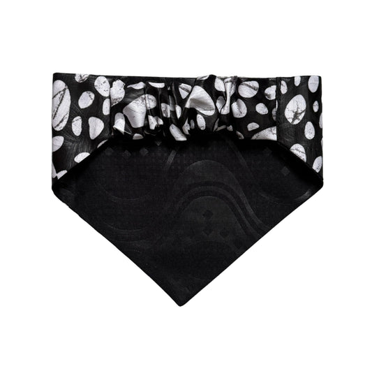 Black bandana with white polka dot like pattern on a white background