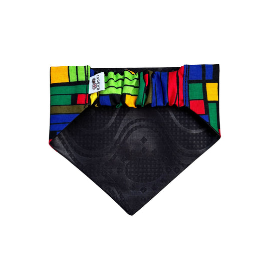 Colourful patterned scrunchie dog bandana on a white background