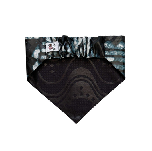Scrunchie Dog bandana with black and teal pattern on a white background