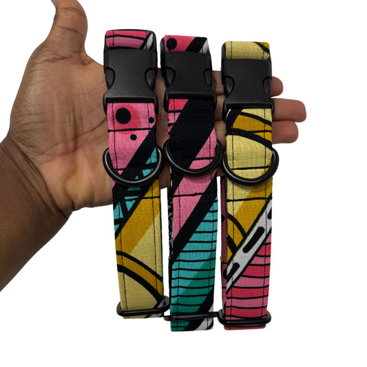 OPE yellow green and black geometric African print dog collar by Bhooki, handmade in the UK