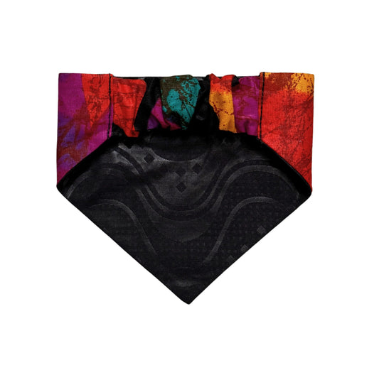 Colorful ABSTRACT DOG BANDANA with a black center on a white background