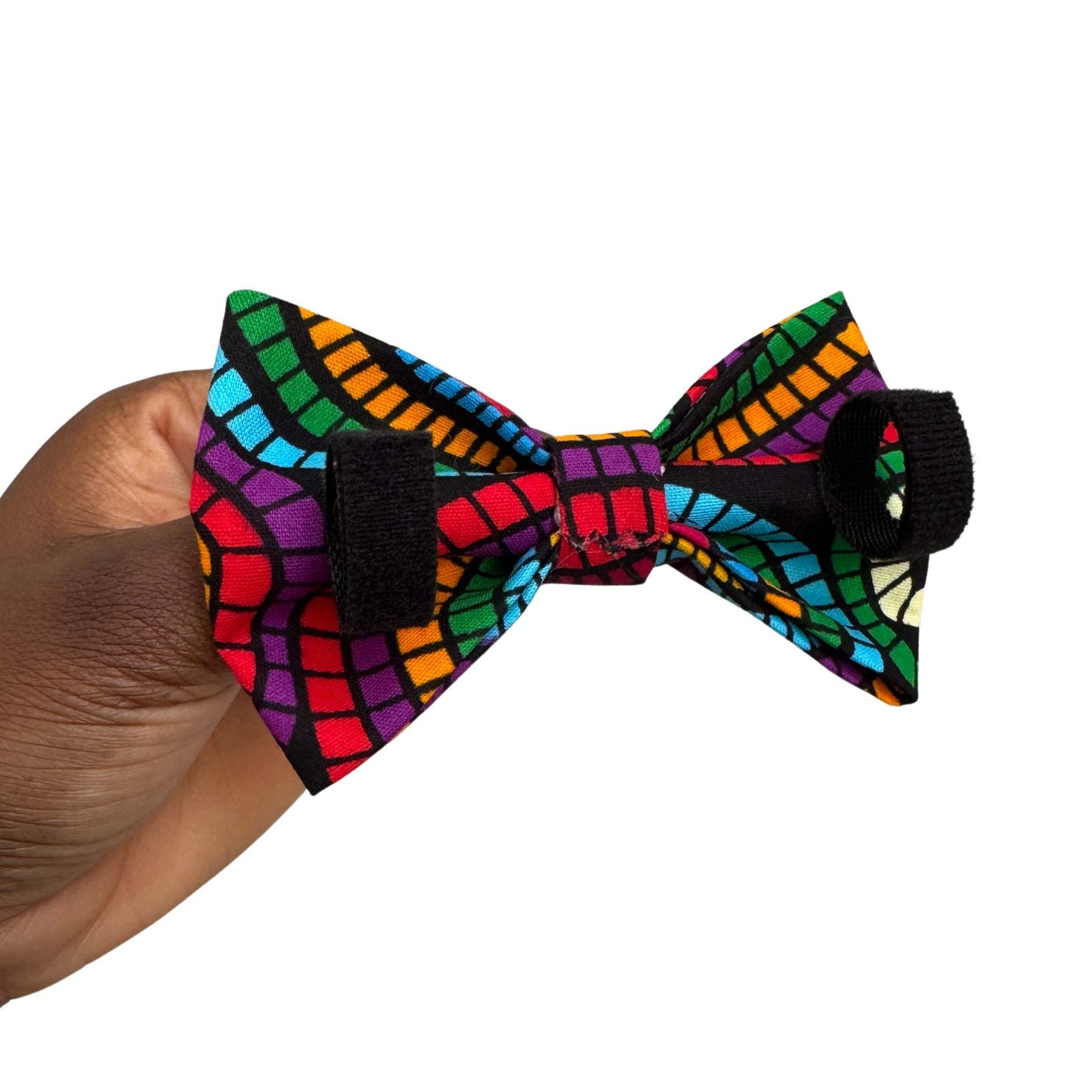 ADURA rainbow geometric African print dog and cat bow tie by Bhooki, handmade in the UK