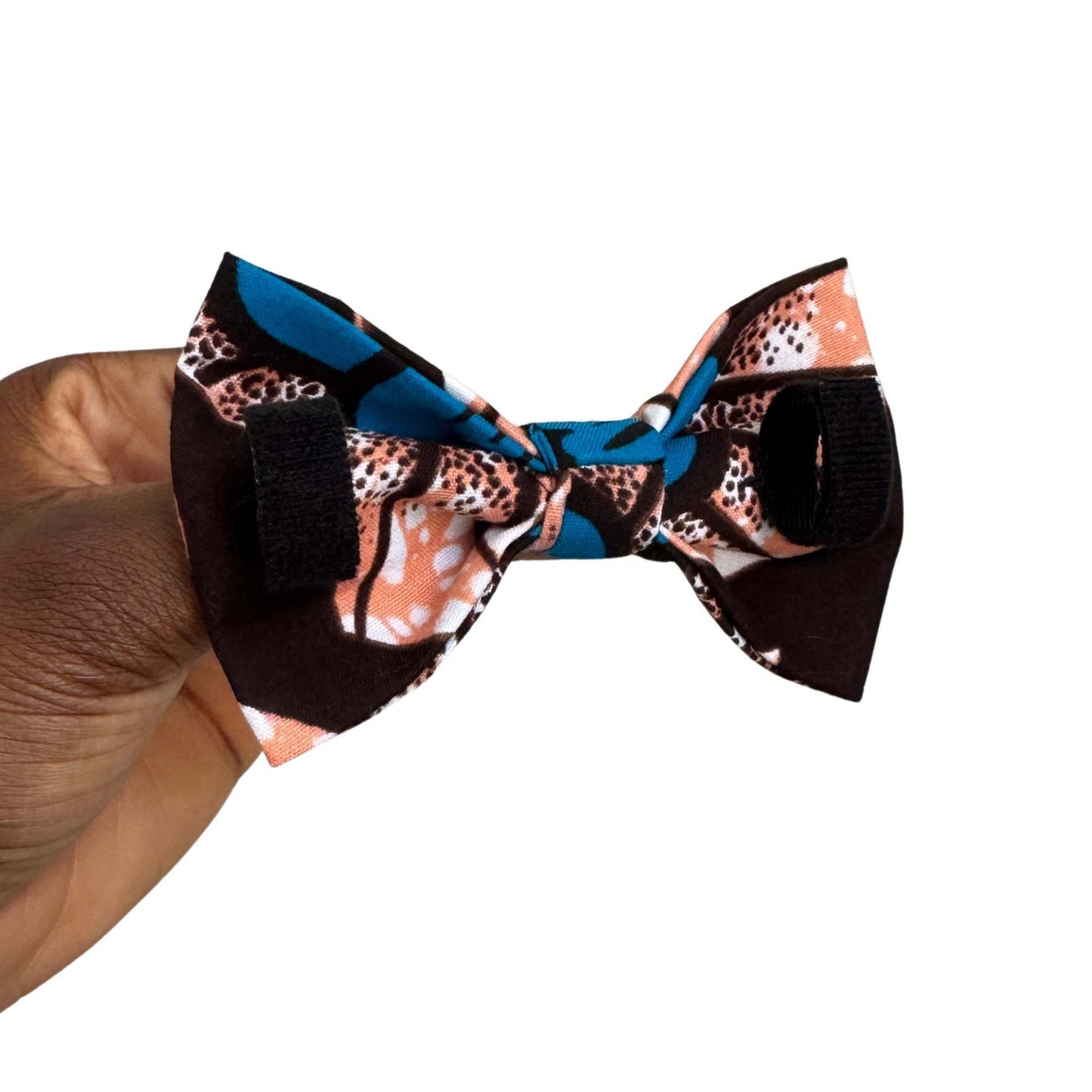 FIYIN peach and blue floral African print dog and cat bow tie by Bhooki, handmade in the UK