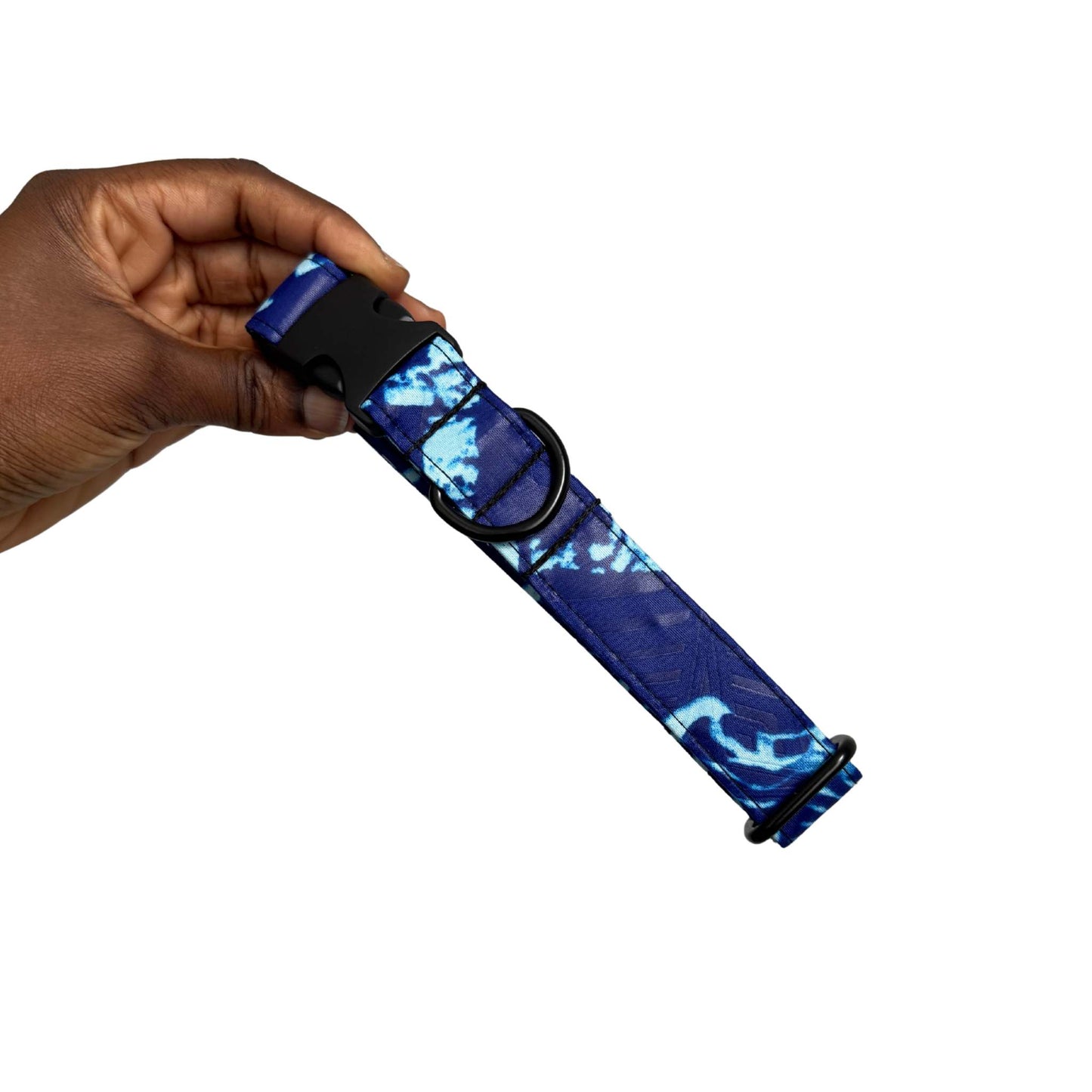 TOSIN blue tie-dye African print dog collar by Bhooki, handmade in the UK