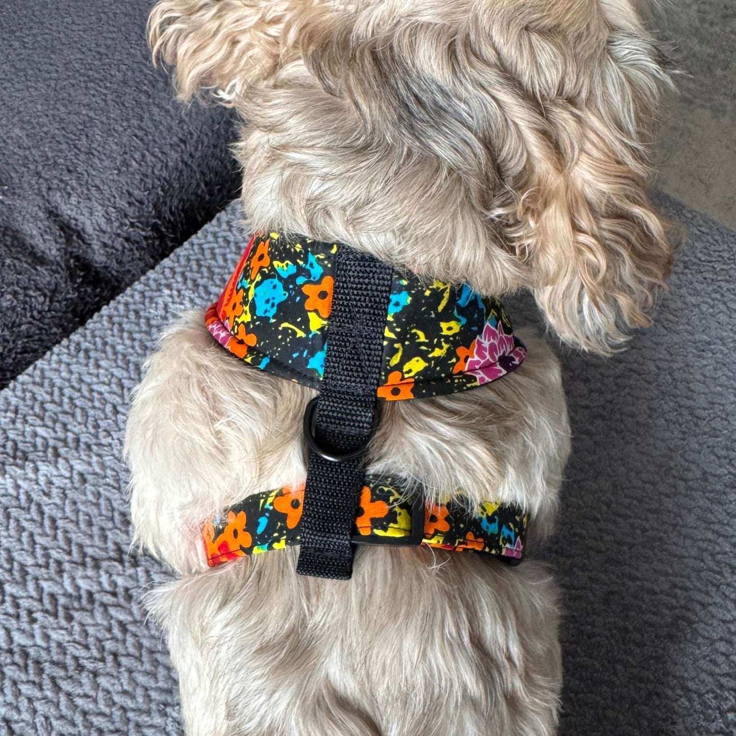 ZITA pink and orange floral African print dog harness by Bhooki, handmade in the UK