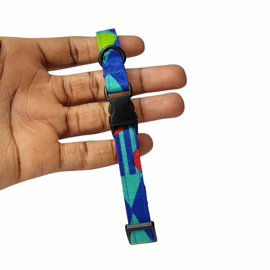 RELE blue lime and red abstract African print breakaway cat collar by Bhooki, handmade in the UK