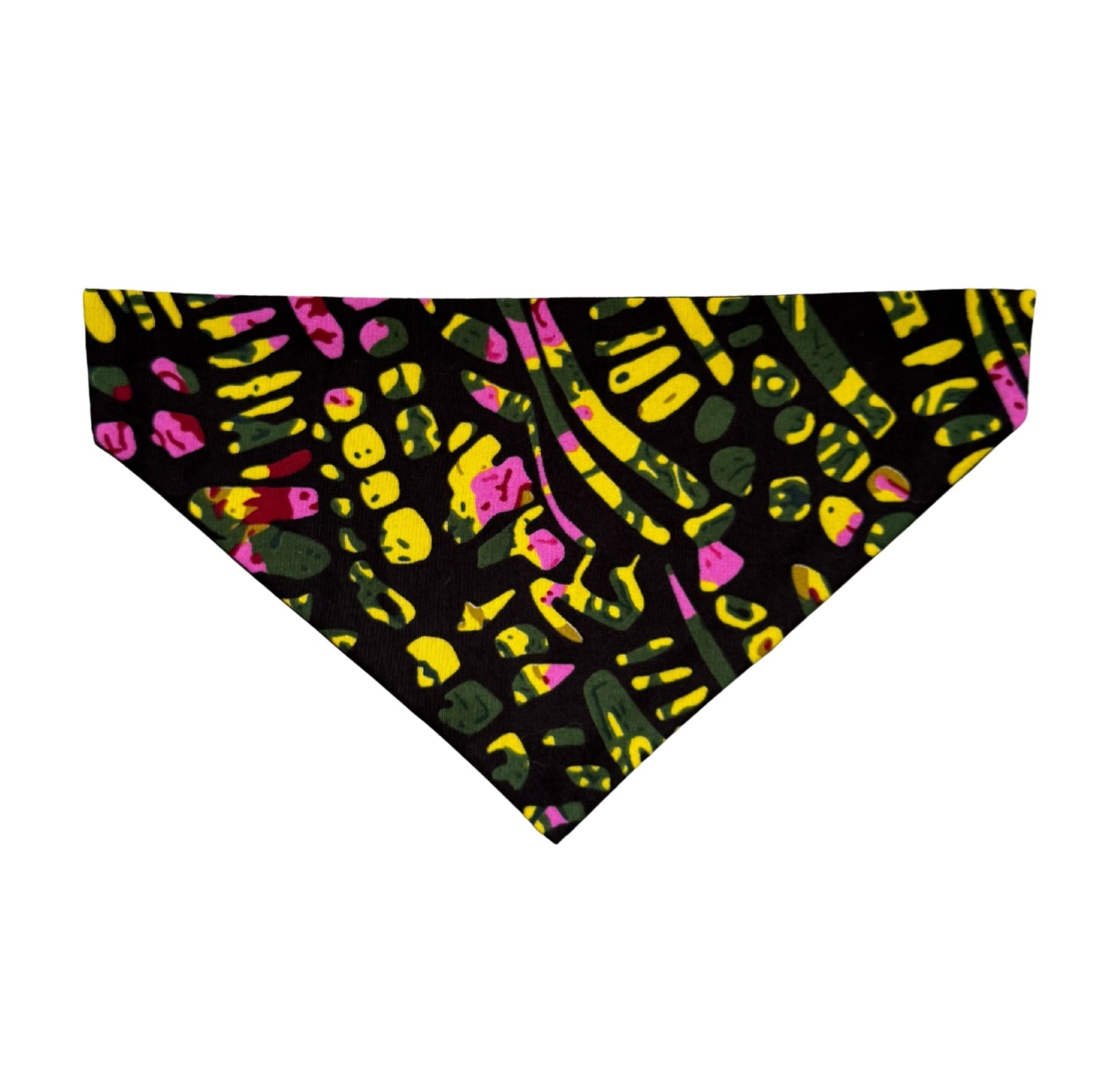 DOG AND CAT bandana with colorful abstract pattern on a black background