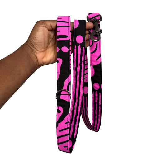 ADENIKE pink and black abstract African print dog lead and leash by Bhooki, handmade in the UK