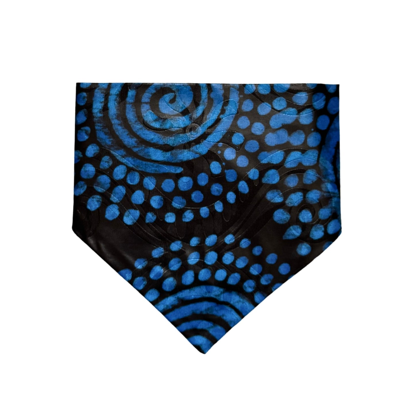 Black and blue patterned dog bandana on a white background