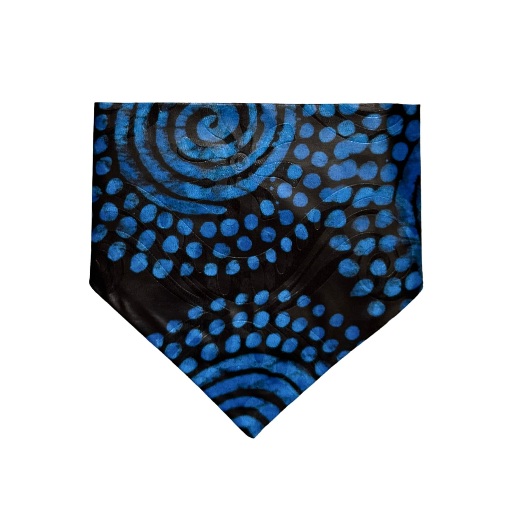 Black and blue patterned dog bandana on a white background