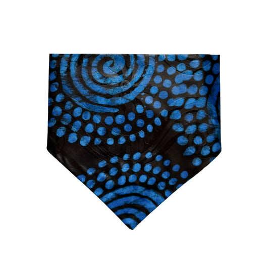 Black and blue patterned dog bandana on a white background