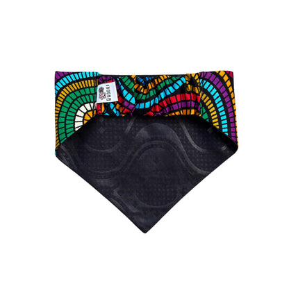 Colorful patterned scrunchie dog bandana on a white background