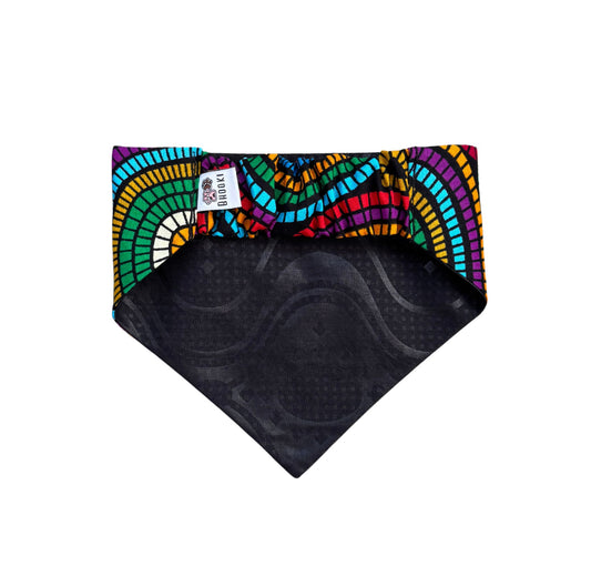 Colorful patterned scrunchie dog bandana on a white background