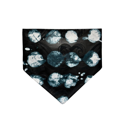 Black bandana with teal and white abstract  pattern on a white background