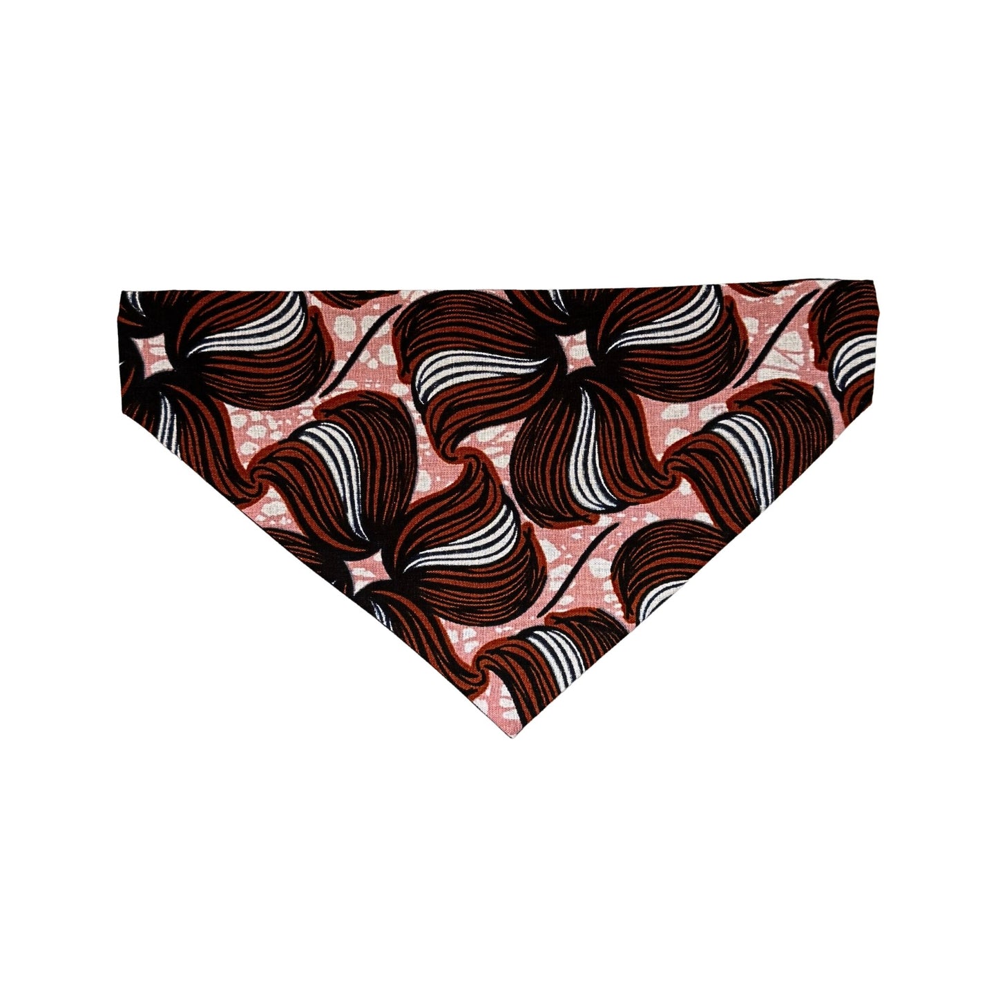 Dog bandana with brown and white leaf pattern on a pink background