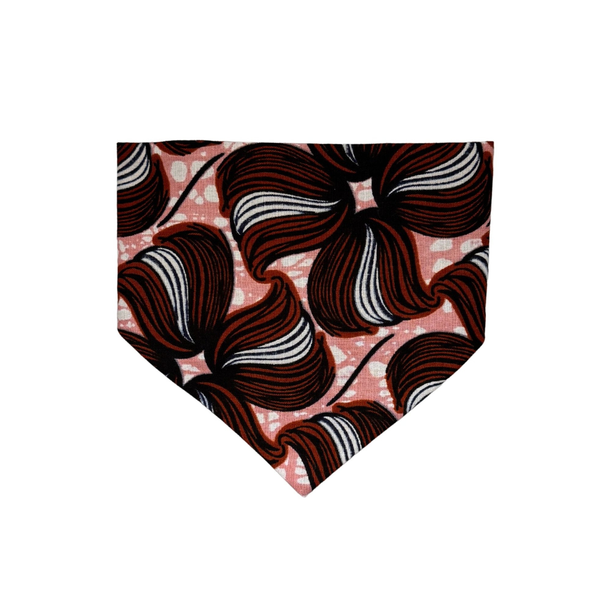 dog and cat bandana with brown and white floral pattern on a pink background