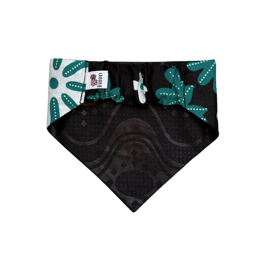 Black and teal patterned scrunchie dog bandana on a white background