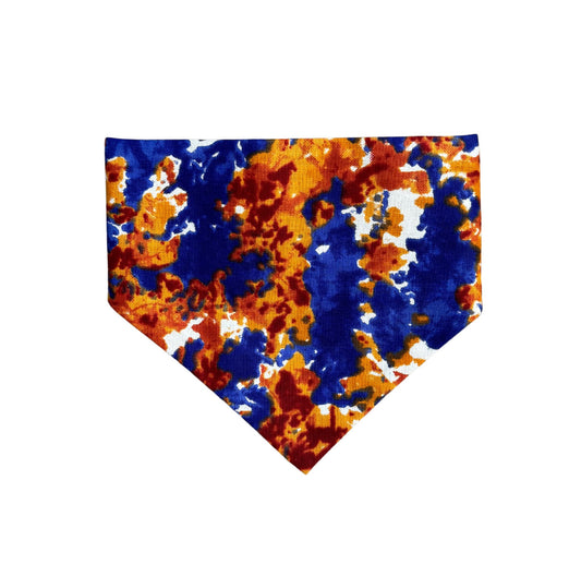 Blue and orange patterned SLIP ON DOG bandana on a white background