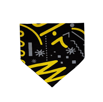 Black PET bandana with yellow and gray abstract patterns on a white background