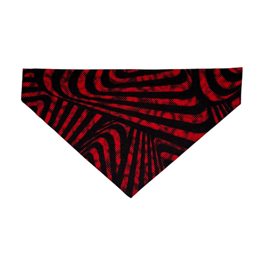 Black and red patterned dog bandana on a white background