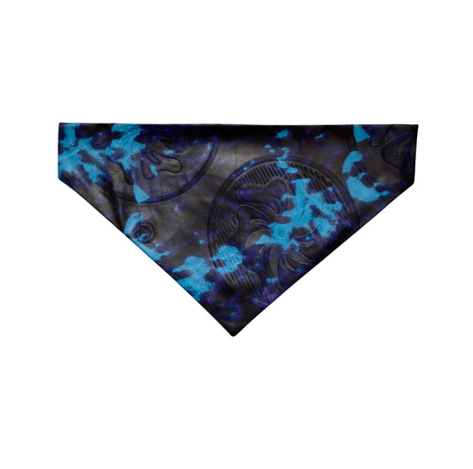 Blue and black tie-dye patterned dog bandana on a white background