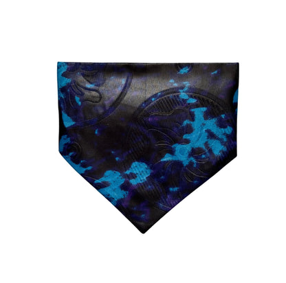 Black and blue tie dye patterned dog bandana on a white background