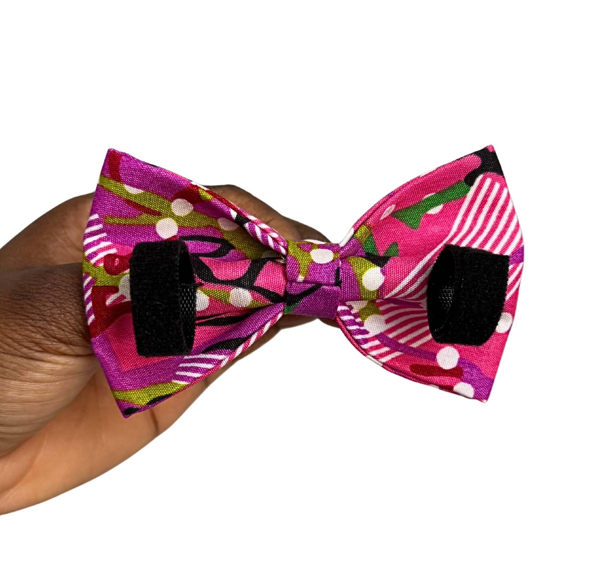 KOSI pink and purple polka dot African print dog and cat bow tie by Bhooki, handmade in the UK
