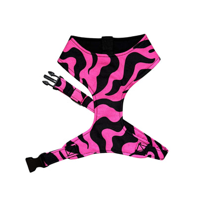 MOYIN pink and black swirl African print dog harness by Bhooki, handmade in the UK