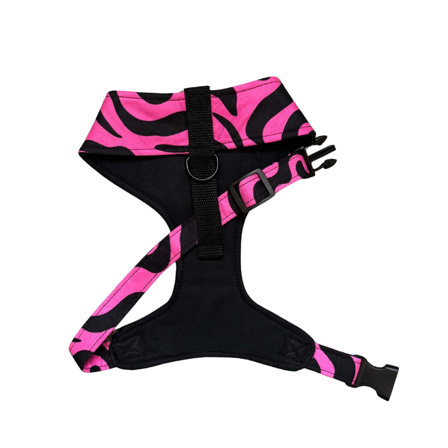 MOYIN pink and black swirl African print dog harness by Bhooki, handmade in the UK
