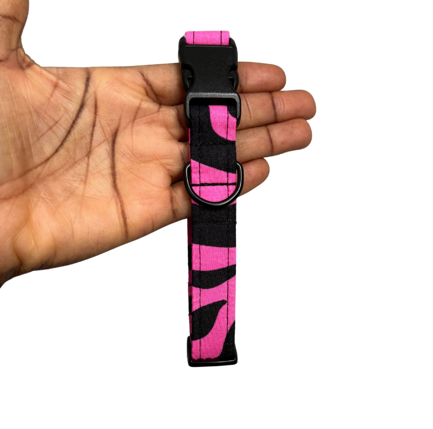 Pink and black striped dog collar held in a hand against a white background
