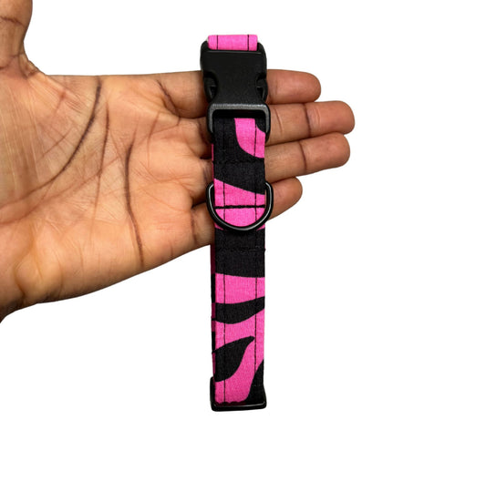 Pink and black striped dog collar held in a hand against a white background