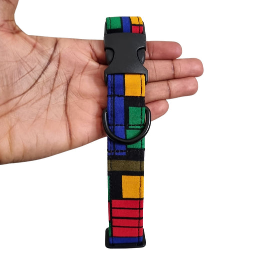 NUHU multicolour block African print dog collar by Bhooki, handmade in the UK