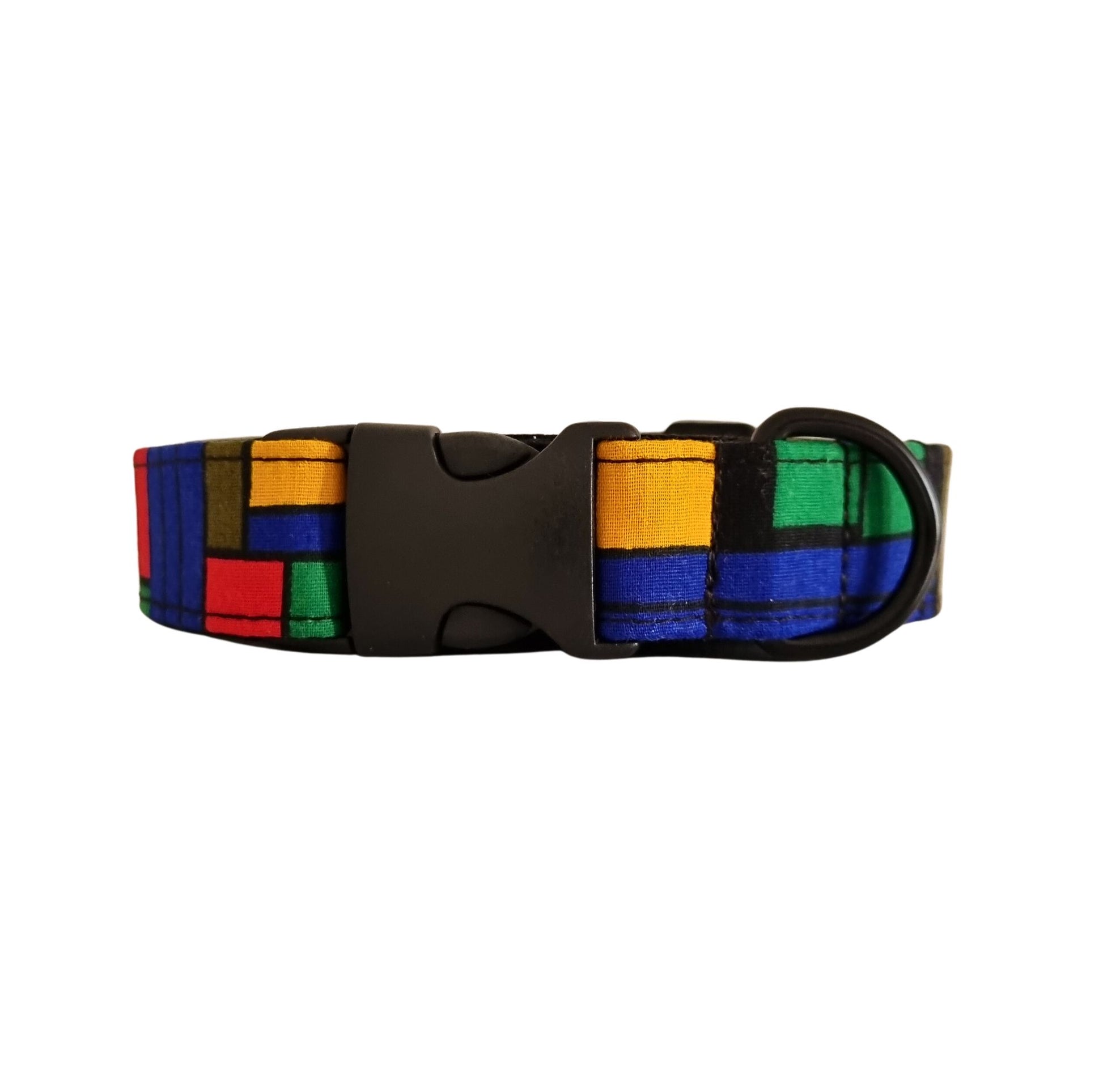 A multicolored geometric patterned dog collar.