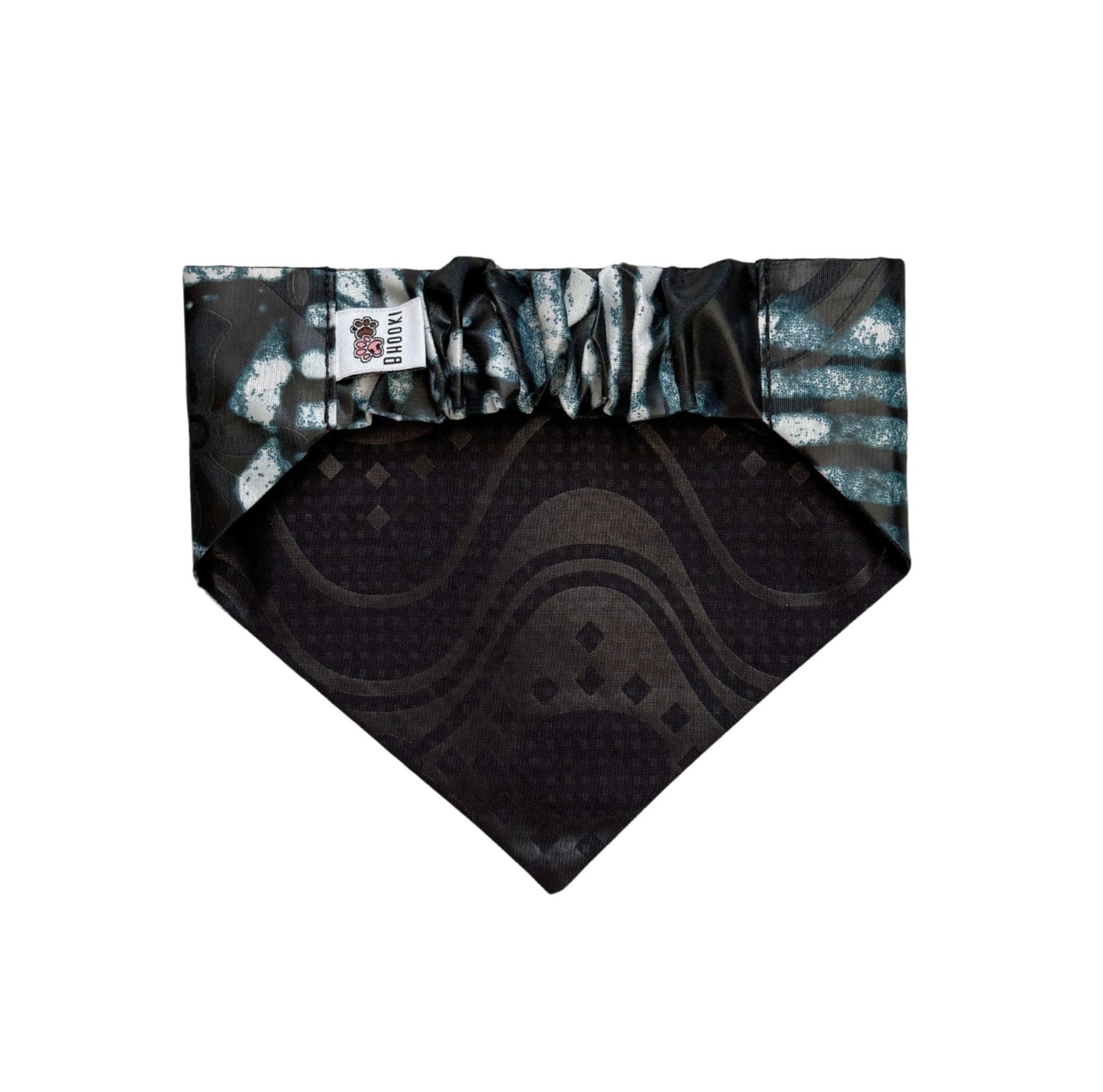 Scrunchie Dog bandana with black and teal pattern on a white background