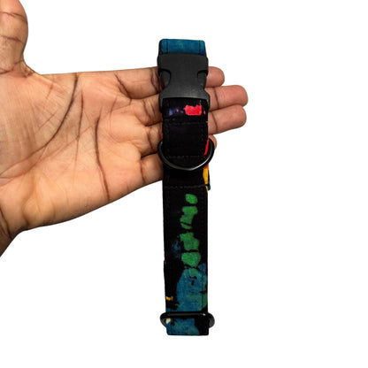 Hand holding a colorful dog collar with a pattern on a white background