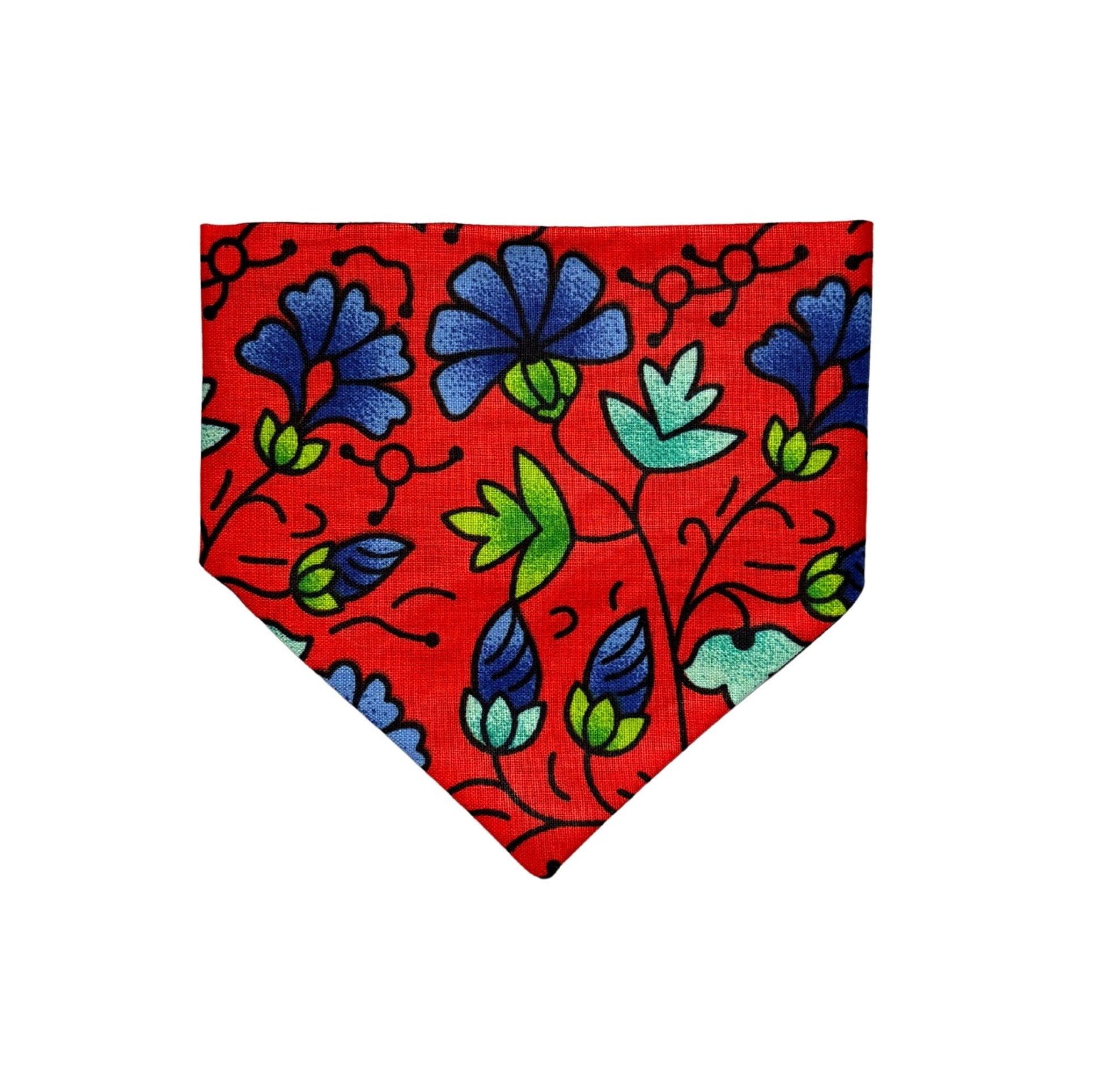 Red dog bandana with blue and green floral pattern on a white background