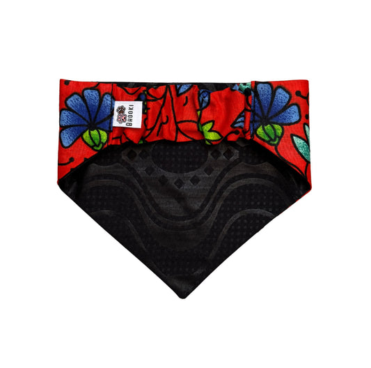 Scrunchie Dog bandana with red floral pattern on a white background