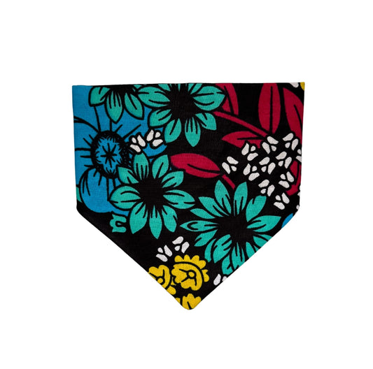 Floral patterned bandana with colorful flowers on a black background