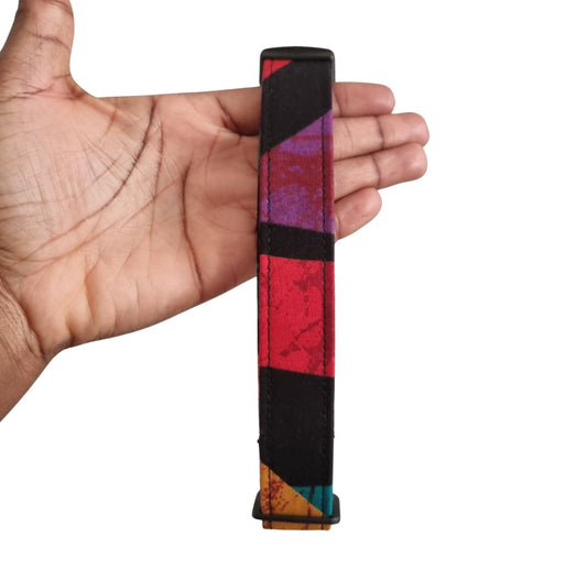 TOMI black teal gold and red geometric African print dog collar by Bhooki, handmade in the UK