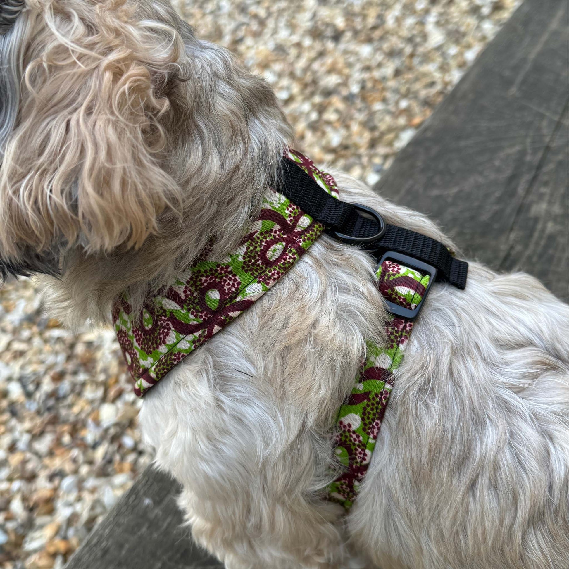 TOPE green and burgundy floral African print dog harness by Bhooki, handmade in the UK