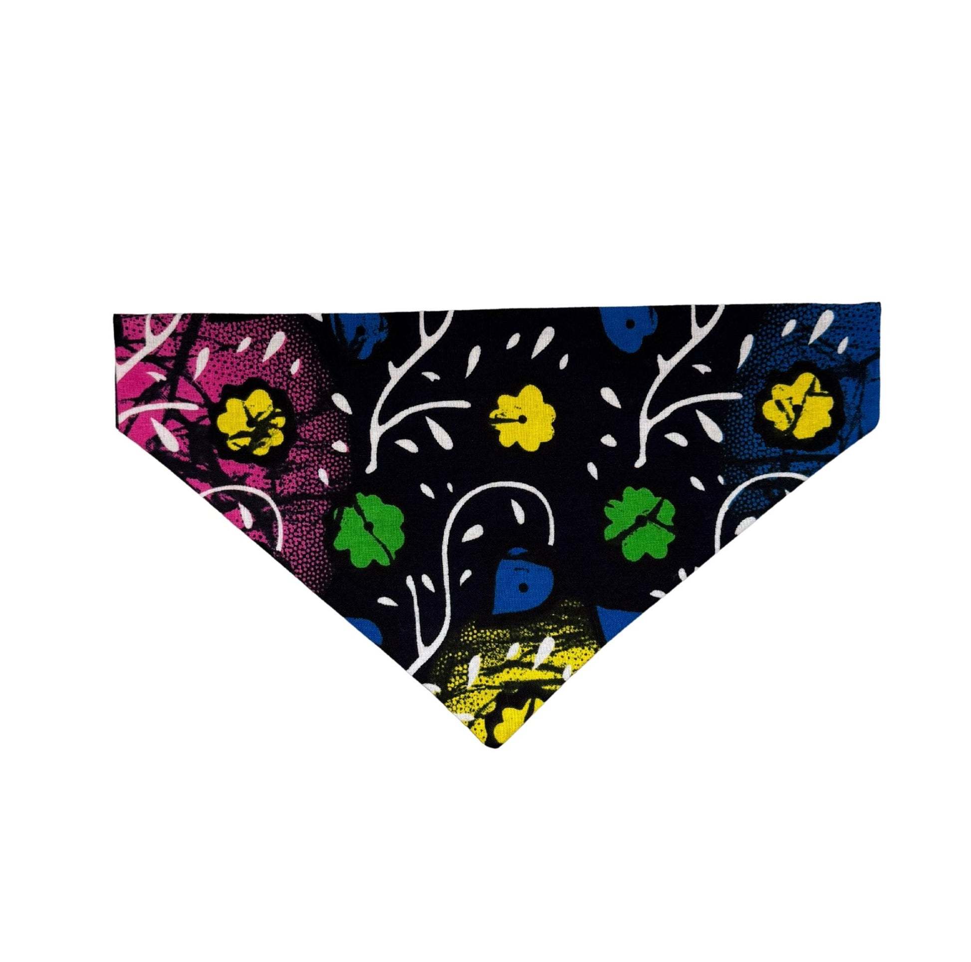 Colorful floral patterned PET bandana on a white background