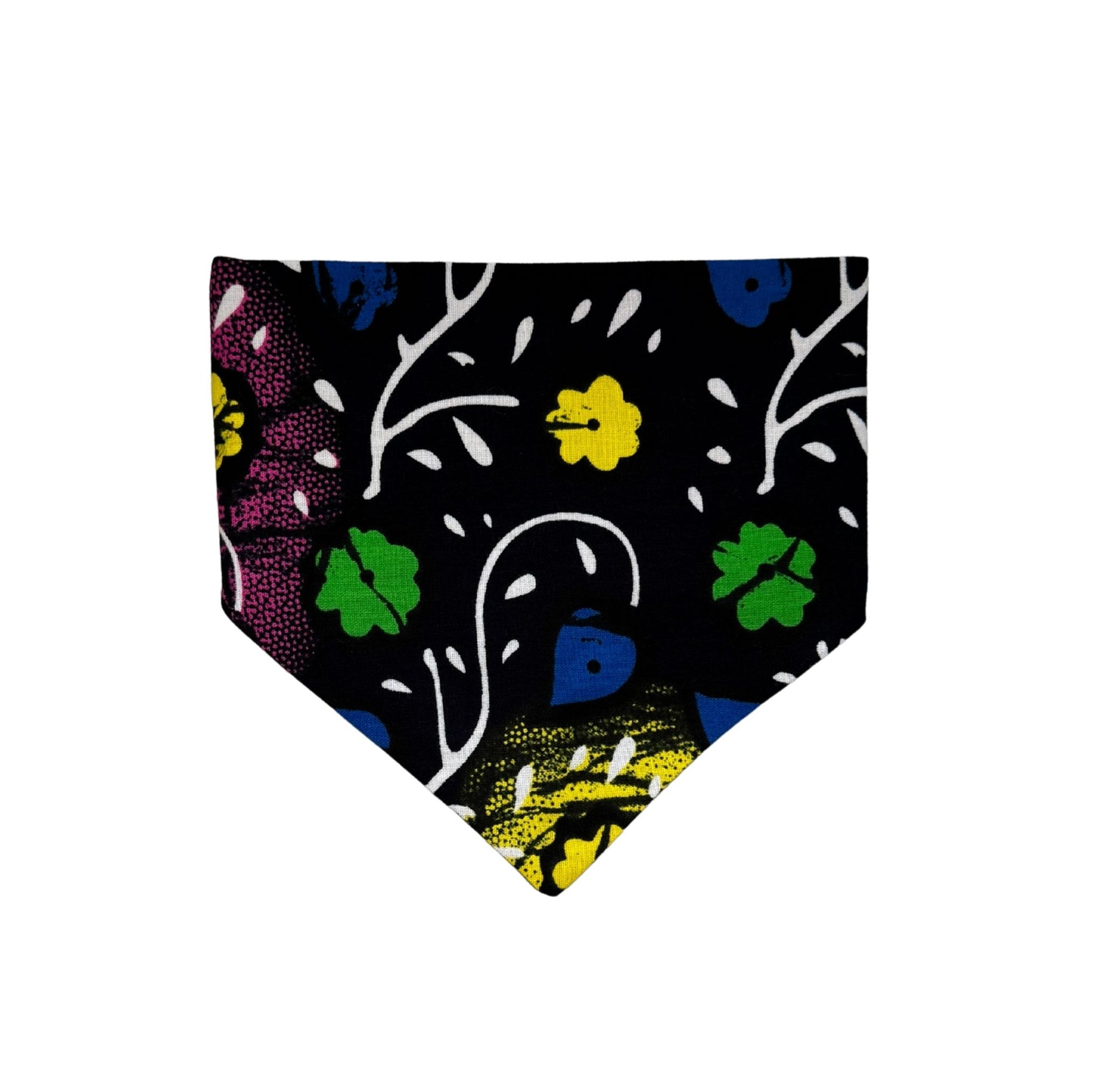 Colorful floral patterned PET bandana on a white background