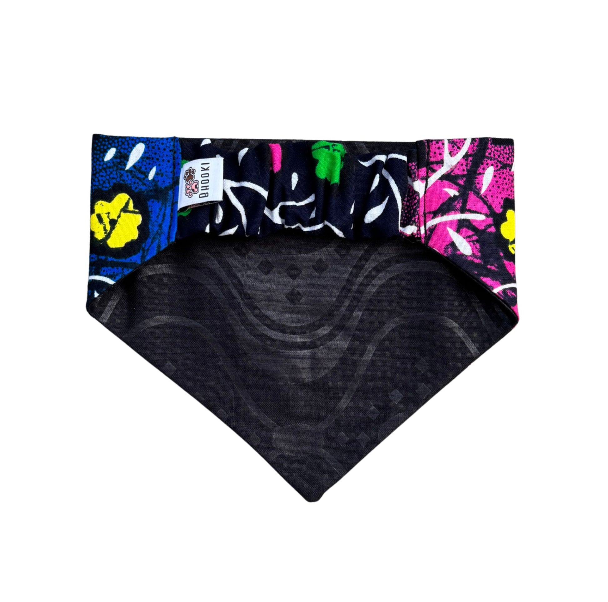 Colourful scrunchie dog bandana with a black pattern on a white background