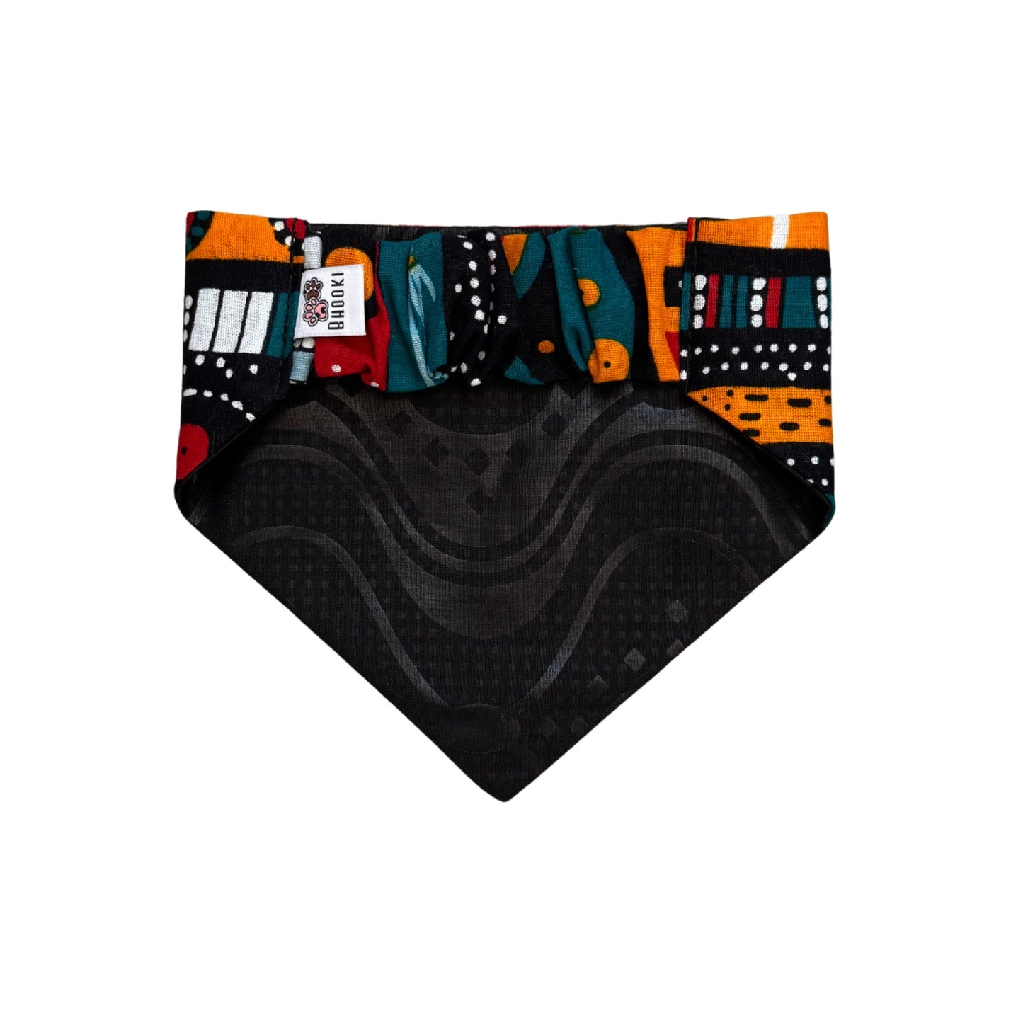Colorful patterned scrunchie dog bandana with black texture on a white background