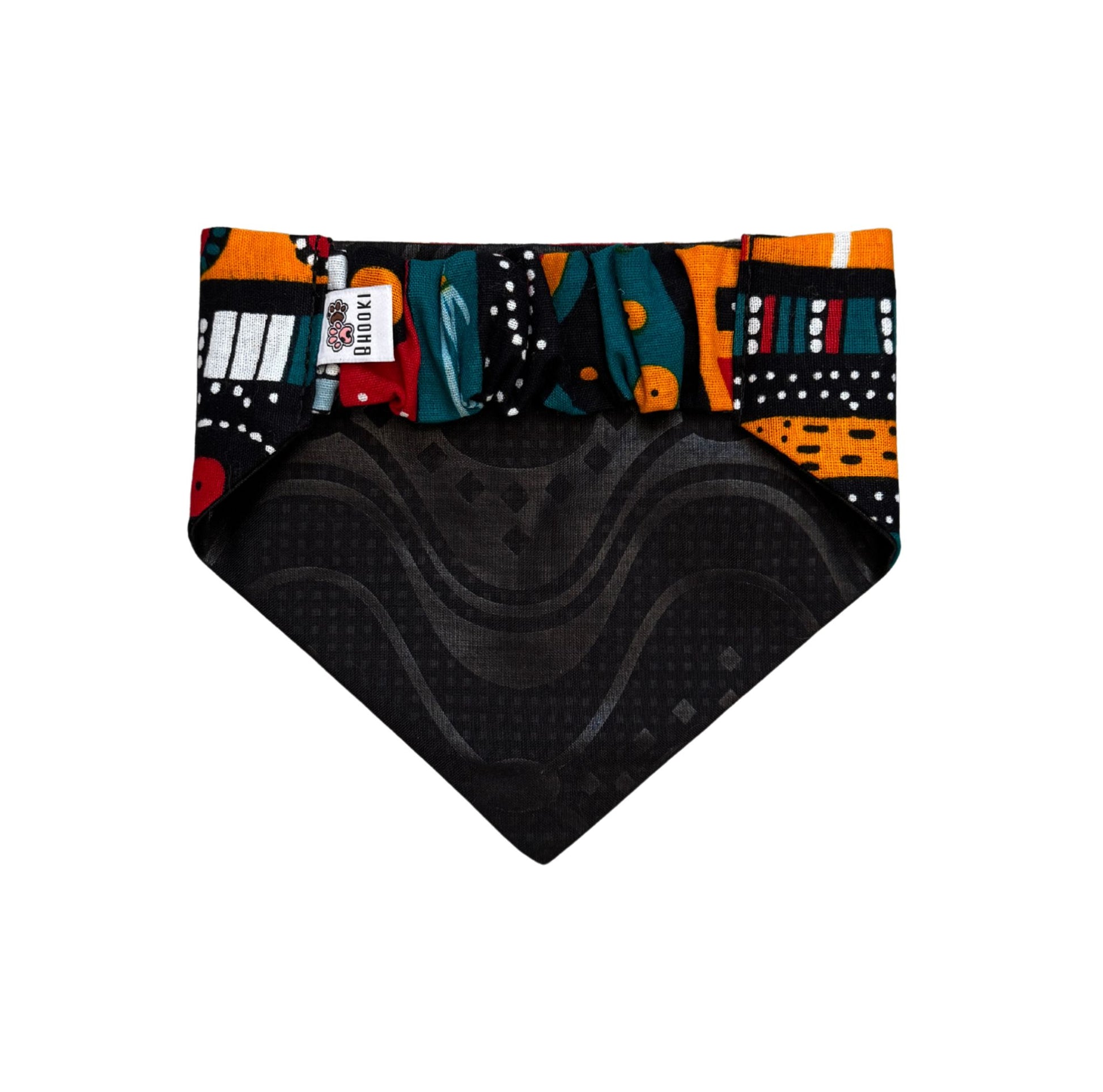 Colorful patterned scrunchie dog bandana with black texture on a white background