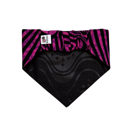 Black and pink patterned scrunchie dog bandana on a white background