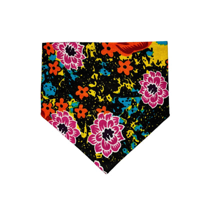 Colorful floral patterned dog bandana on a white background