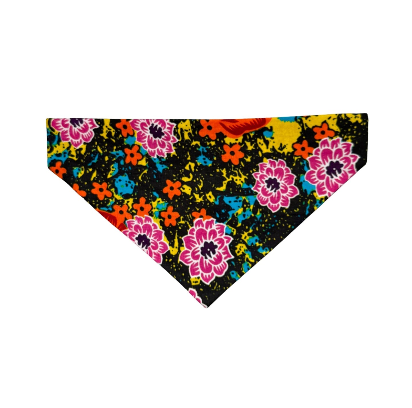 Colorful floral patterned dog bandana on a black background